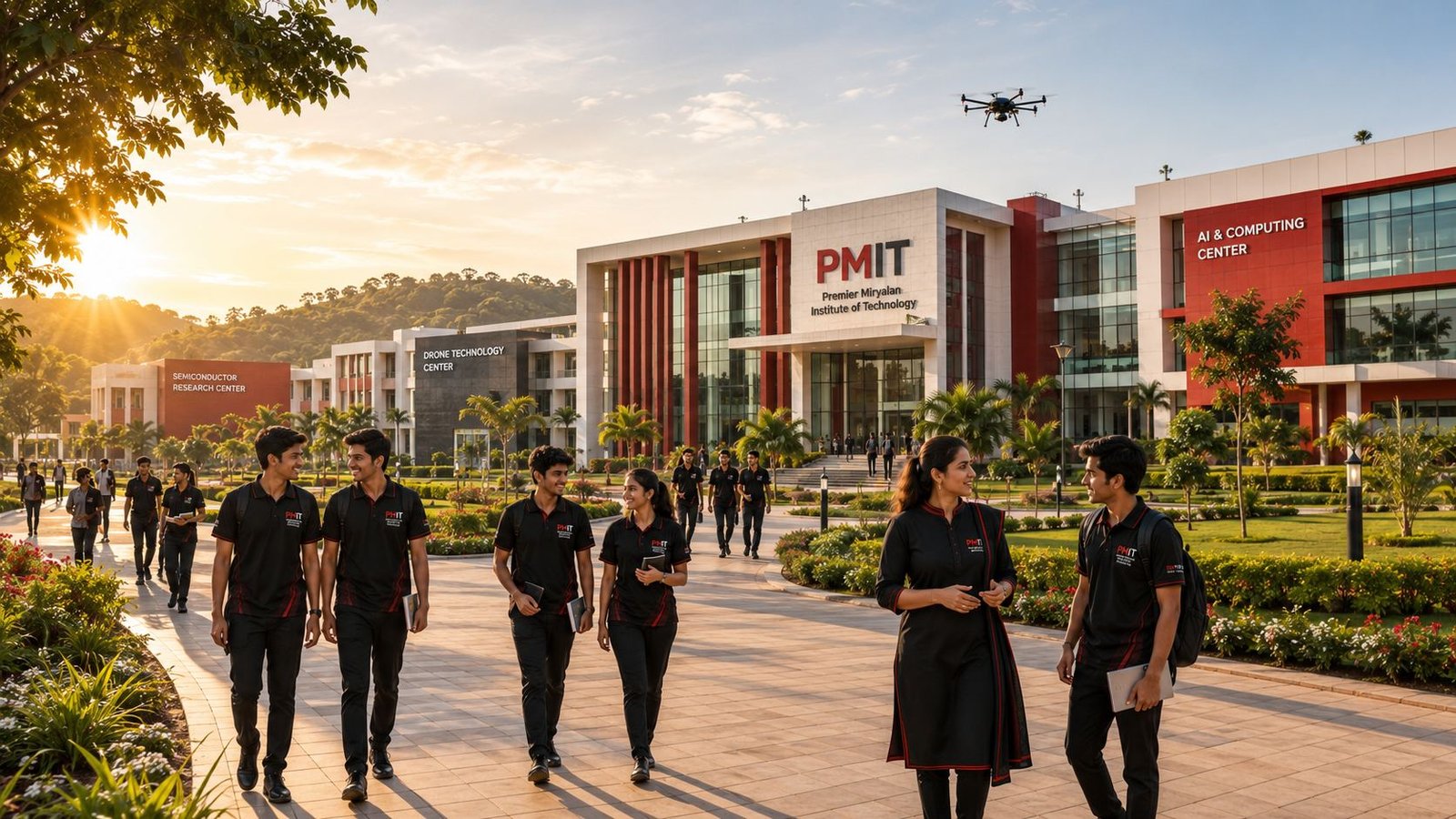 PMIT students walking across the Mukundapuram campus